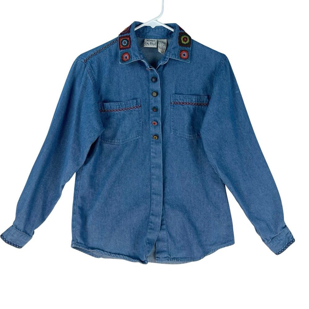 Koret City Blues WMNS Crochet Collar & Embroidered Denim Shirt SZ SM Petite Blue